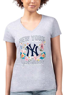 4Her New York Yankees Womens Grey Flowers Fitted Design Short Sleeve T-Shirt