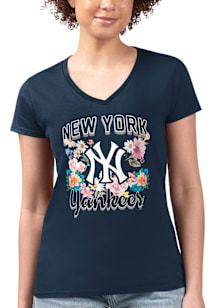 4Her New York Yankees Womens Navy Blue Flowers Fitted Design Short Sleeve T-Shirt