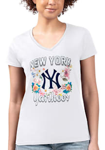4Her New York Yankees Womens White Flowers Fitted Design Short Sleeve T-Shirt