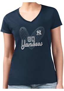 4Her New York Yankees Womens Navy Blue Leopard Heart Fitted Design Short Sleeve T-Shirt