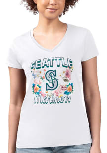 4Her Seattle Mariners Womens White Flowers Fitted Design Short Sleeve T-Shirt