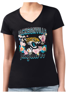 4Her Jacksonville Jaguars Womens Black Flowers Fitted Design Short Sleeve T-Shirt