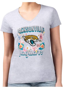 4Her Jacksonville Jaguars Womens Grey Flowers Fitted Design Short Sleeve T-Shirt