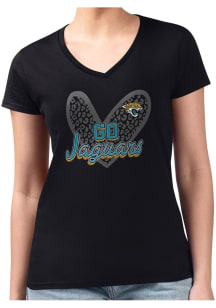4Her Jacksonville Jaguars Womens Black Leopard Heart Fitted Design Short Sleeve T-Shirt