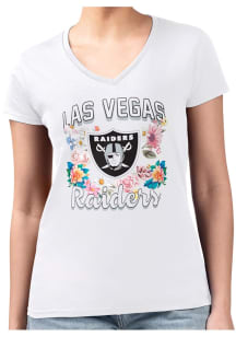 4Her Las Vegas Raiders Womens White Flowers Fitted Design Short Sleeve T-Shirt