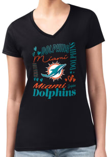 4Her Miami Dolphins Womens Black Collage Fitted Design Short Sleeve T-Shirt