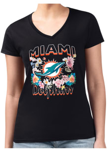 4Her Miami Dolphins Womens Black Flowers Fitted Design Short Sleeve T-Shirt