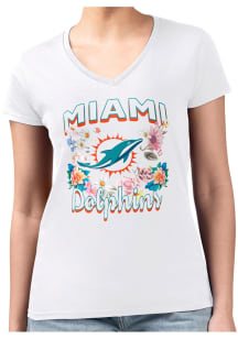 4Her Miami Dolphins Womens White Flowers Fitted Design Short Sleeve T-Shirt