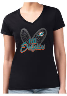 4Her Miami Dolphins Womens Black Leopard Heart Fitted Design Short Sleeve T-Shirt