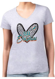 4Her Miami Dolphins Womens Grey Leopard Heart Fitted Design Short Sleeve T-Shirt