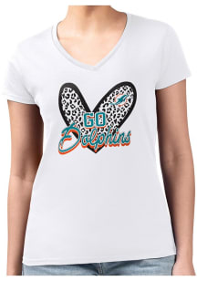 4Her Miami Dolphins Womens White Leopard Heart Fitted Design Short Sleeve T-Shirt