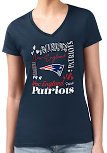 4Her New England Patriots Womens Navy Blue Collage Fitted Design Short Sleeve T-Shirt