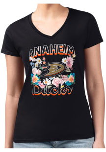 4Her Anaheim Ducks Womens Black Flowers Fitted Design Short Sleeve T-Shirt