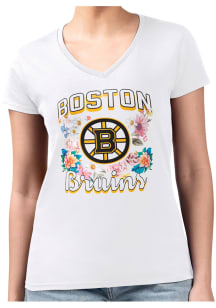 4Her Boston Bruins Womens White Flowers Fitted Design Short Sleeve T-Shirt