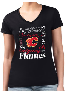 4Her Calgary Flames Womens Black Collage Fitted Design Short Sleeve T-Shirt