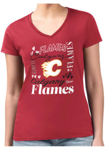 4Her Calgary Flames Womens Red Collage Fitted Design Short Sleeve T-Shirt