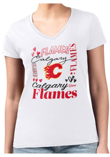 4Her Calgary Flames Womens White Collage Fitted Design Short Sleeve T-Shirt