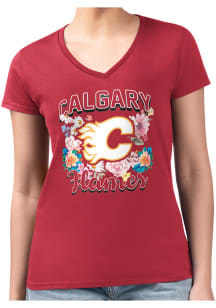 4Her Calgary Flames Womens Red Flowers Short Sleeve T-Shirt