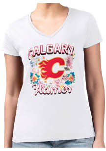 4Her Calgary Flames Womens White Flowers Short Sleeve T-Shirt