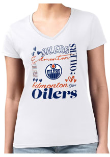 4Her Edmonton Oilers Womens White Collage Fitted Design Short Sleeve T-Shirt