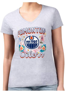 4Her Edmonton Oilers Womens Grey Flowers Fitted Design Short Sleeve T-Shirt