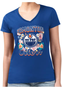 4Her Edmonton Oilers Womens Blue Flowers Fitted Design Short Sleeve T-Shirt