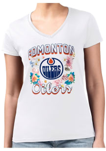 4Her Edmonton Oilers Womens White Flowers Fitted Design Short Sleeve T-Shirt