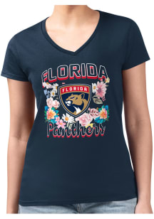 4Her Florida Panthers Womens Navy Blue Flowers Fitted Design Short Sleeve T-Shirt