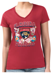 4Her Florida Panthers Womens Red Flowers Fitted Design Short Sleeve T-Shirt