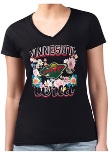 4Her Minnesota Wild Womens Black Flowers Fitted Design Short Sleeve T-Shirt