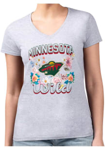 4Her Minnesota Wild Womens Grey Flowers Fitted Design Short Sleeve T-Shirt