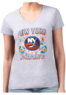 4Her New York Islanders Womens Grey Flowers Fitted Design Short Sleeve T-Shirt