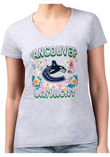 4Her Vancouver Canucks Womens Grey Flowers Fitted Short Sleeve T-Shirt