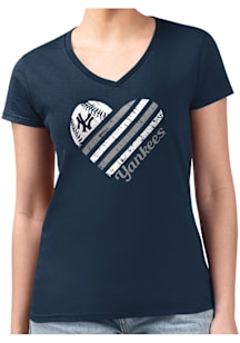 4Her New York Yankees Womens Navy Blue Heart Fitted Design Short Sleeve T-Shirt