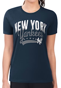 4Her New York Yankees Womens Navy Blue Filigree Fitted Short Sleeve T-Shirt