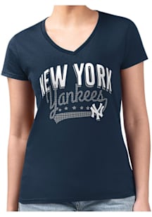 4Her New York Yankees Womens Navy Blue Filigree Fitted Design Short Sleeve T-Shirt