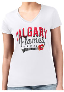 4Her Calgary Flames Womens White Filigree Fitted Design Short Sleeve T-Shirt