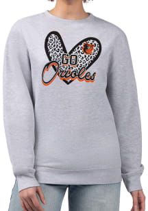 4Her Baltimore Orioles Womens Grey Leopard Heart Crew Sweatshirt