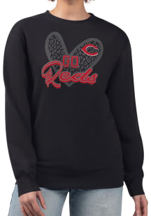 4Her Cincinnati Reds Womens Black Leopard Heart Crew Sweatshirt