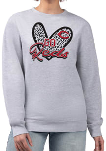 4Her Cincinnati Reds Womens Grey Leopard Heart Crew Sweatshirt