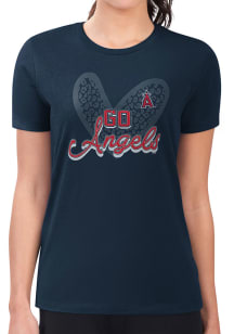 4Her Los Angeles Angels Womens Navy Blue Leopard Heart Fitted Short Sleeve T-Shirt