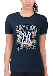 4Her New York Yankees Womens Navy Blue Flowers Fitted Short Sleeve T-Shirt
