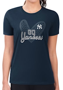 4Her New York Yankees Womens Navy Blue Leopard Heart Fitted Short Sleeve T-Shirt