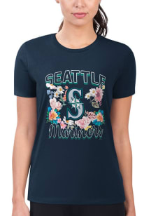 4Her Seattle Mariners Womens Navy Blue Flowers Fitted Short Sleeve T-Shirt