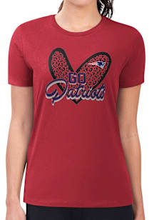 4Her New England Patriots Womens Red Leopard Heart Fitted Short Sleeve T-Shirt