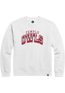 Temple Owls Mens White Nanodrop Arch Mascot Long Sleeve Crew Sweatshirt