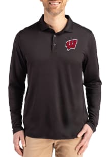 Mens Wisconsin Badgers Black Cutter and Buck Coastline Long Sleeve Polo Shirt