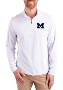 Mens Michigan Wolverines White Cutter and Buck Letterwinners M Club Virtue Eco Pique Qtr Zip