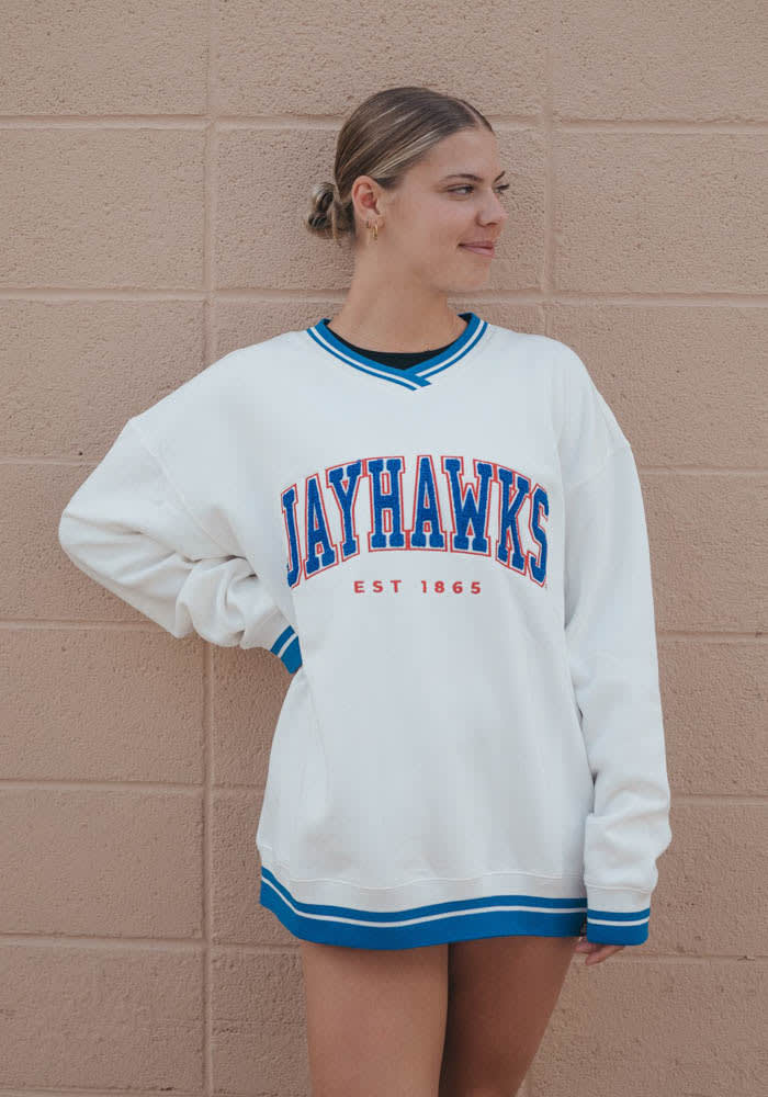 Kansas Jayhawks Gameday Social Crew Sweatshirt Womens White Chenille ...