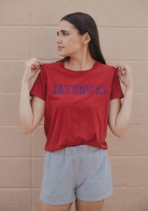 Gameday Social Kansas Jayhawks Womens Red Rhodes Rhinestone Short Sleeve T-Shirt